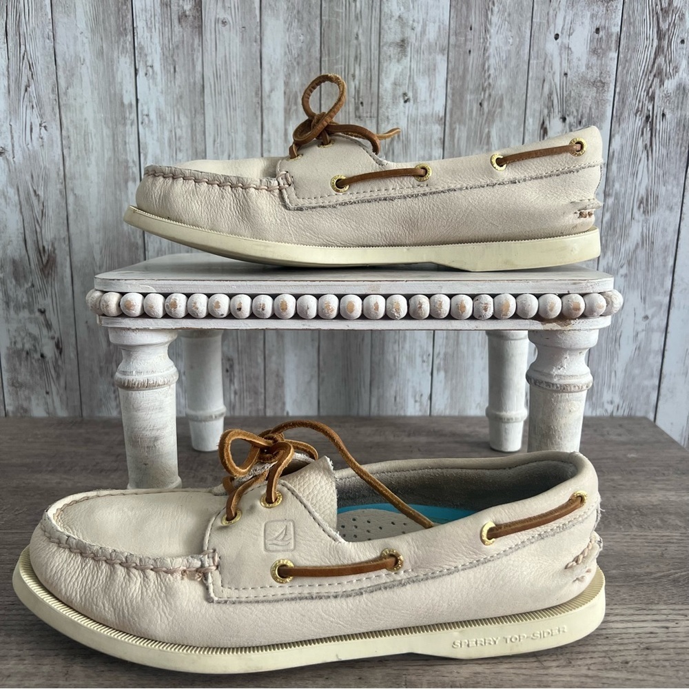 Sperry Cream Leather Womens Boat Shoes Preppy Nautical 8